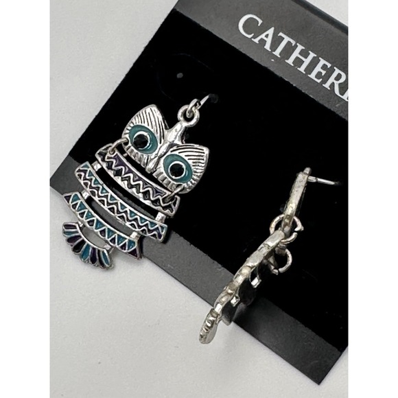 Catherines Owl Dangle Earrings Silver Tone Green & Purple Enamel Fish Hook Boho - Picture 4 of 6